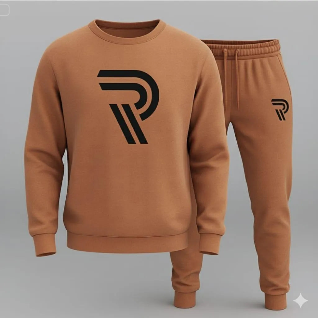 Men’s Brown Fleece Tracksuit with “R” Printed Sweatshirt – 2 Pcs Set