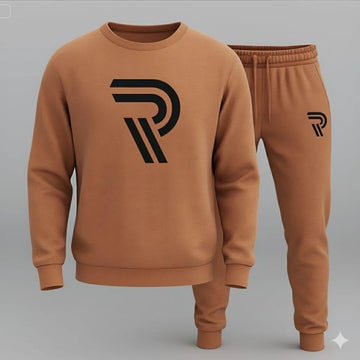 Men’s Brown Fleece Tracksuit with “R” Printed Sweatshirt – 2 Pcs Set