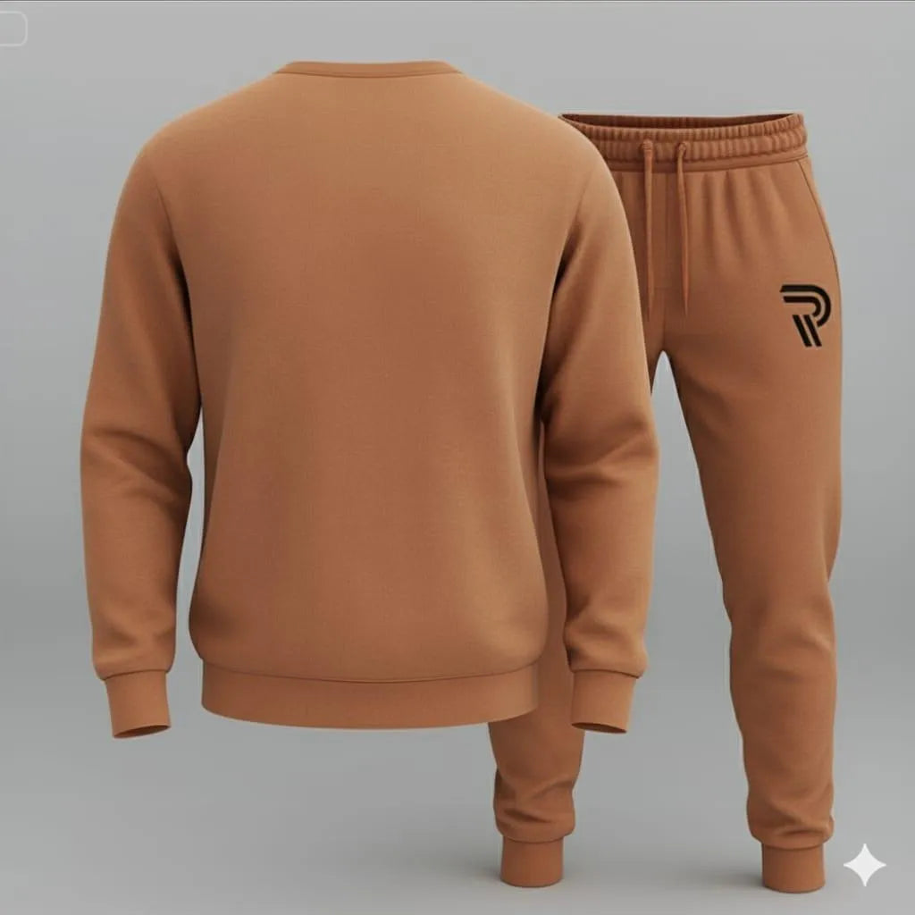 Men’s Brown Fleece Tracksuit with “R” Printed Sweatshirt – 2 Pcs Set