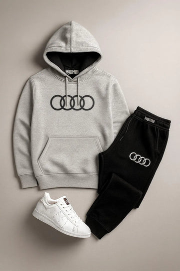 Men’s Contrast Grey Audi Logo Printed Hoodie & Track Pants Set