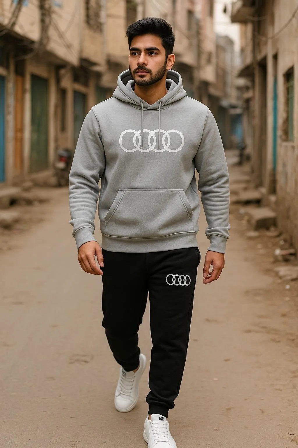 Men’s Contrast Grey Audi Logo Printed Hoodie & Track Pants Set