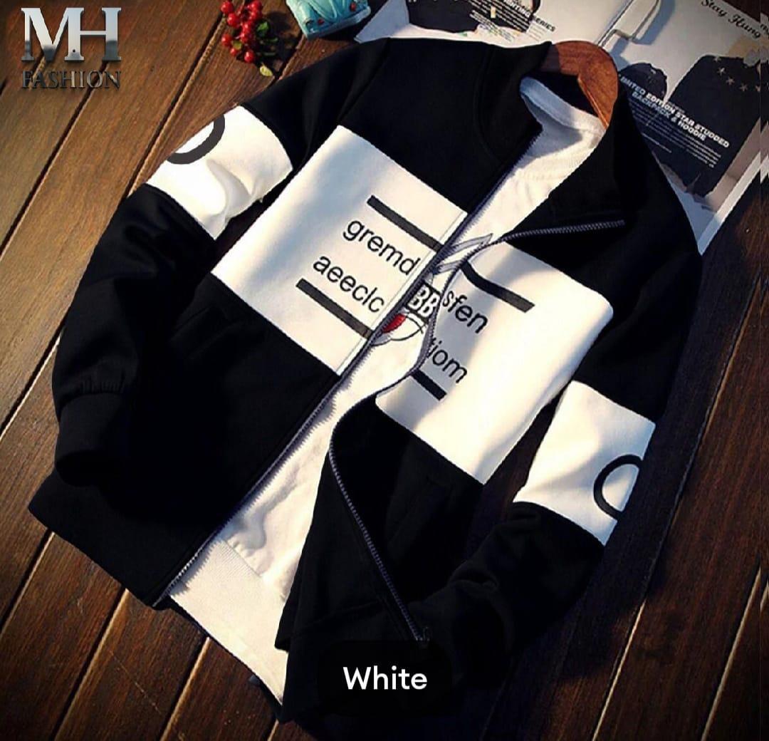 Men’s Printed Fleece Zipper Jacket – Black & White Winter Casual Outerwear