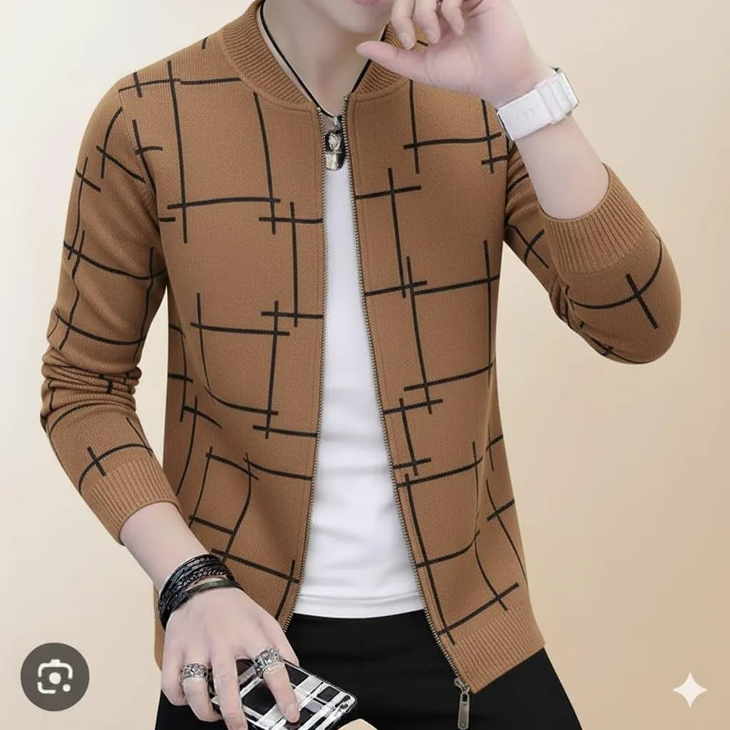 Stylish Brown Sublimation Printed Fleece Jacket for Men – Full Zip Winter Outerwear