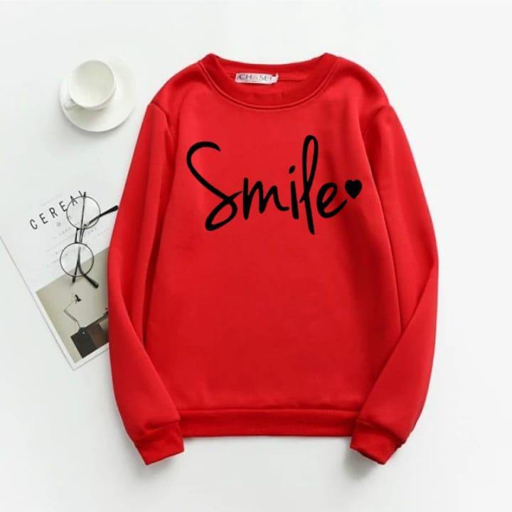Men’s Stitched Fleece Printed Sweatshirt – Red with Smile Text Print
