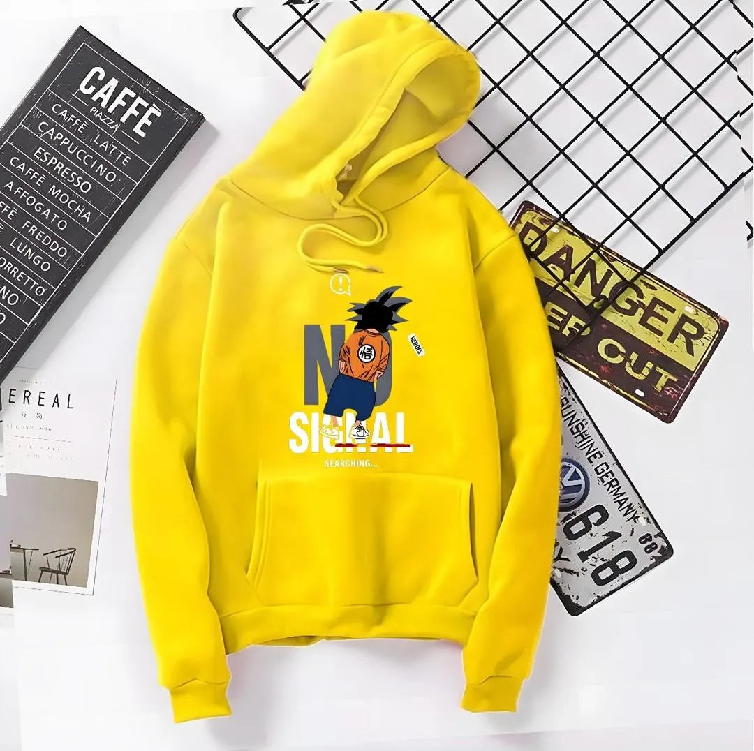 "No Signal" Anime Graphic Yellow Fleece Hoodie – Humorous Streetwear