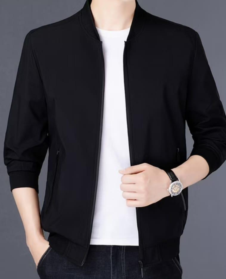 Men’s Black Collared Fleece Jacket – Plain Full Zip Winter Outerwear