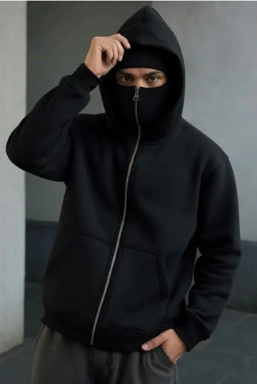 Heavyweight Full-Zip Mask Hoodie (Ninja Balaclava Style) – Stealth Black Fleece