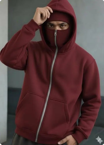 Heavyweight Full-Zip Mask Hoodie (Ninja Balaclava Style) – Deep Maroon Fleece