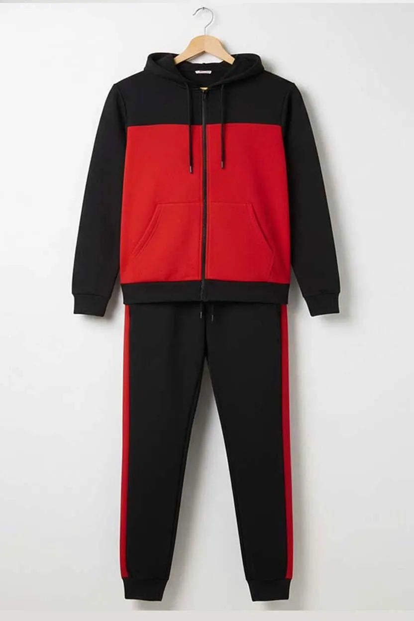 2 Pcs Men’s Polyester Fleece Plain Zipper Track Suit – Red & Black Hoodie Set