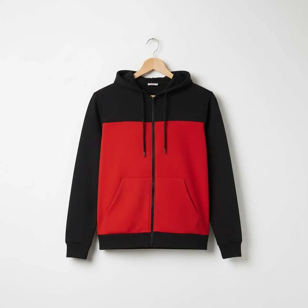 2 Pcs Men’s Polyester Fleece Plain Zipper Track Suit – Red & Black Hoodie Set