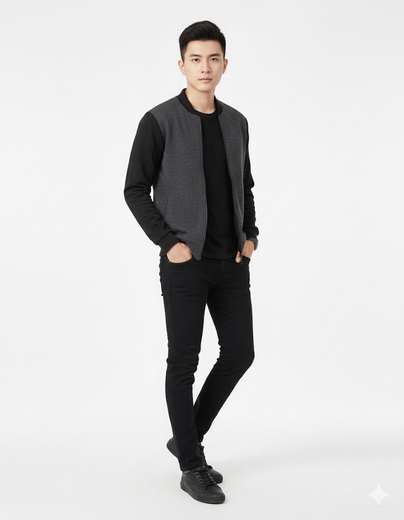 Men’s Grey Polyester Jacket – Plain Pattern Full Zip Casual Wear