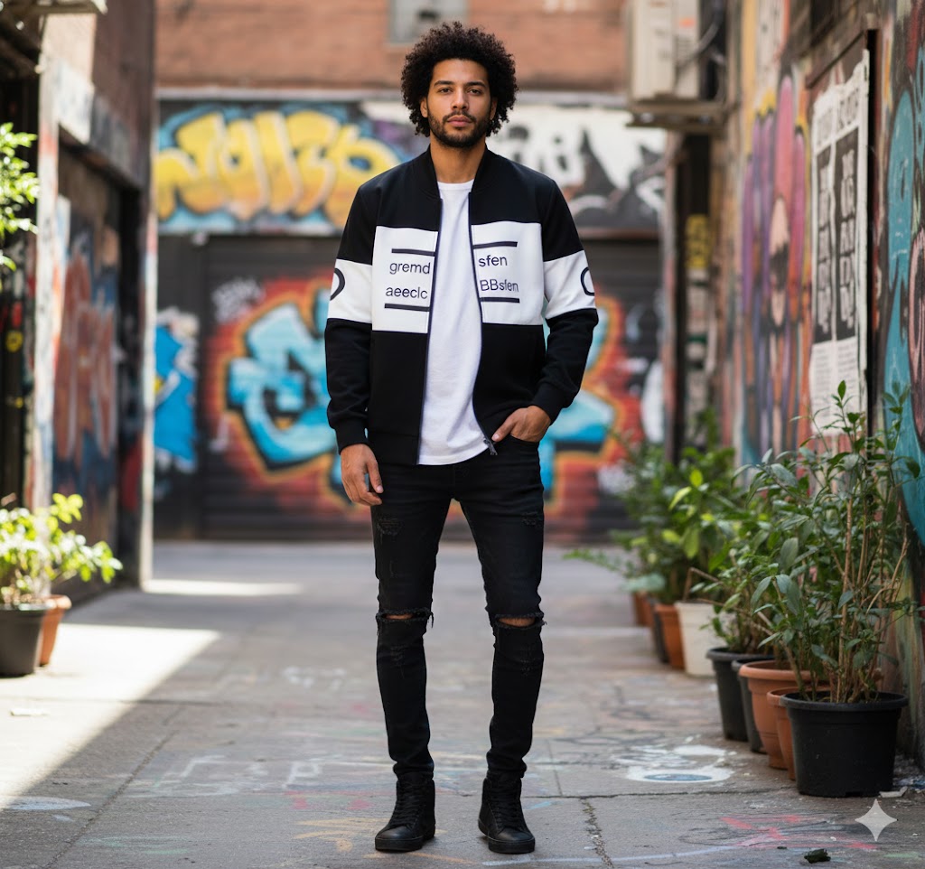 Men’s Printed Fleece Zipper Jacket – Black & White Winter Casual Outerwear