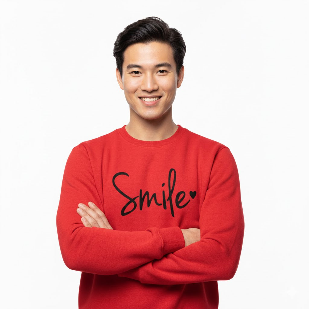 Men’s Stitched Fleece Printed Sweatshirt – Red with Smile Text Print