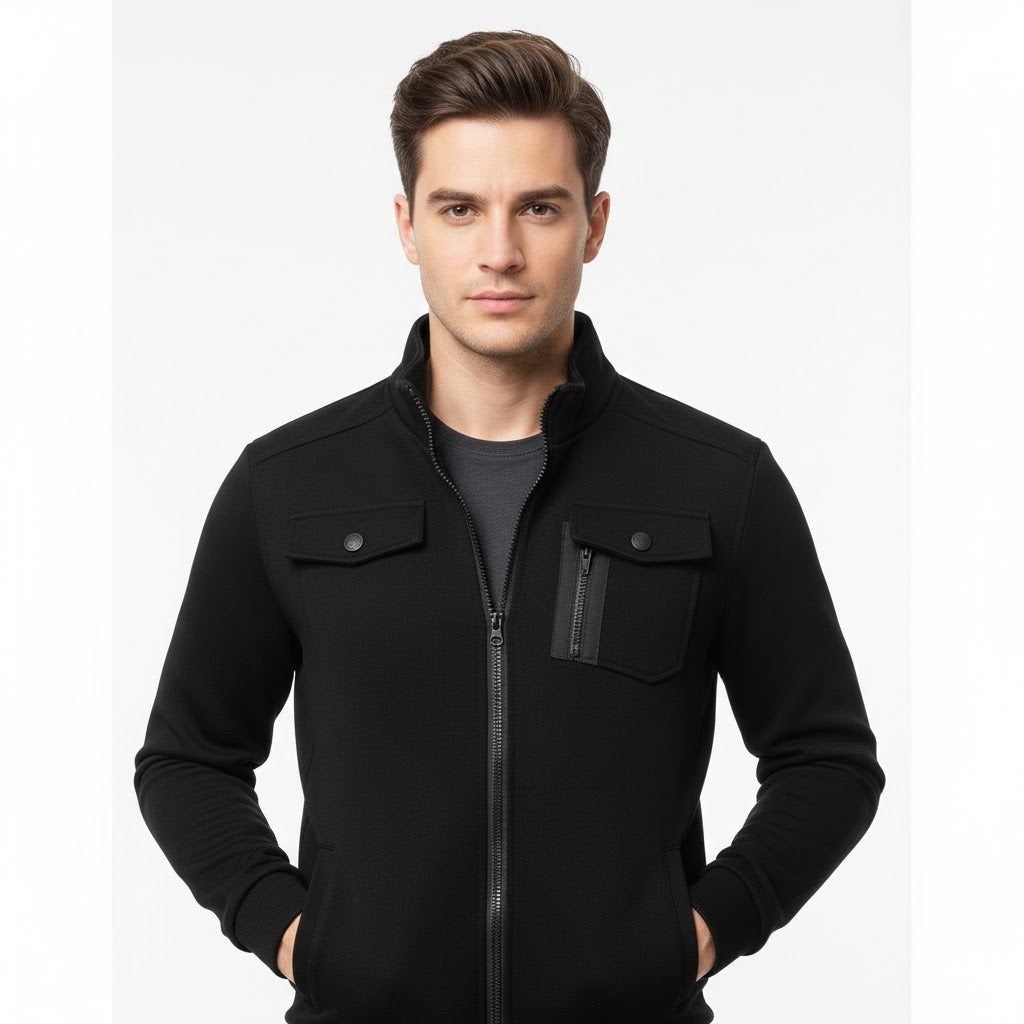 1 Pc Men's Stitched Fleece Zipper Jacket, Black