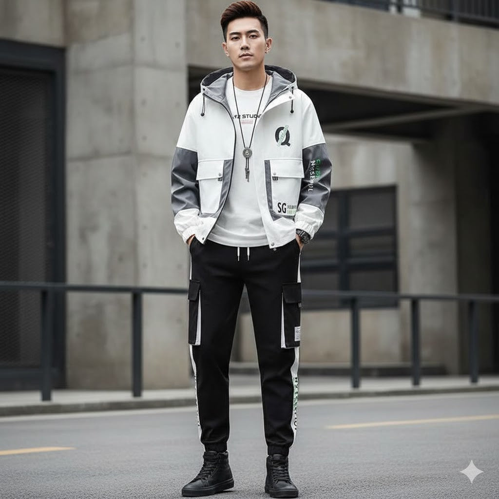 White & Black Men’s Tracksuit – Hoodie & Jogger Set
