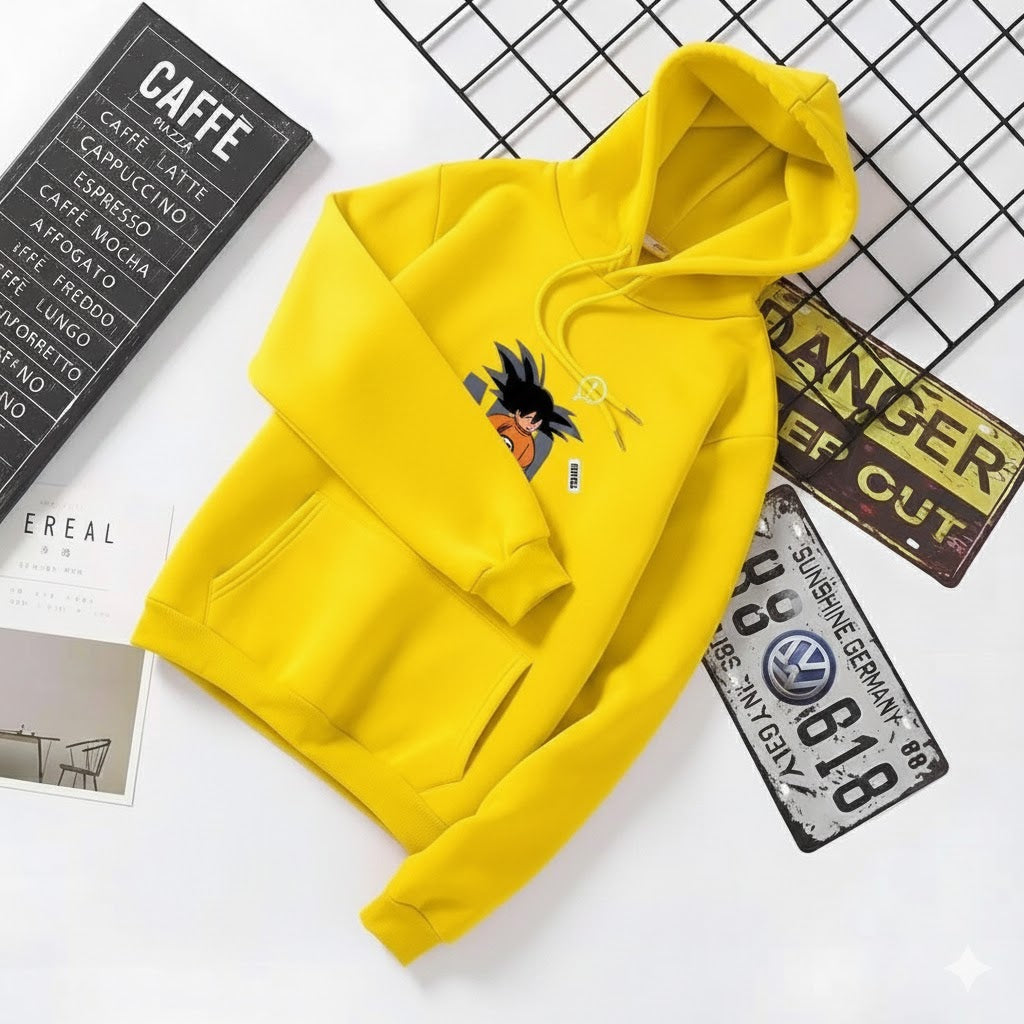 "No Signal" Anime Graphic Yellow Fleece Hoodie – Humorous Streetwear