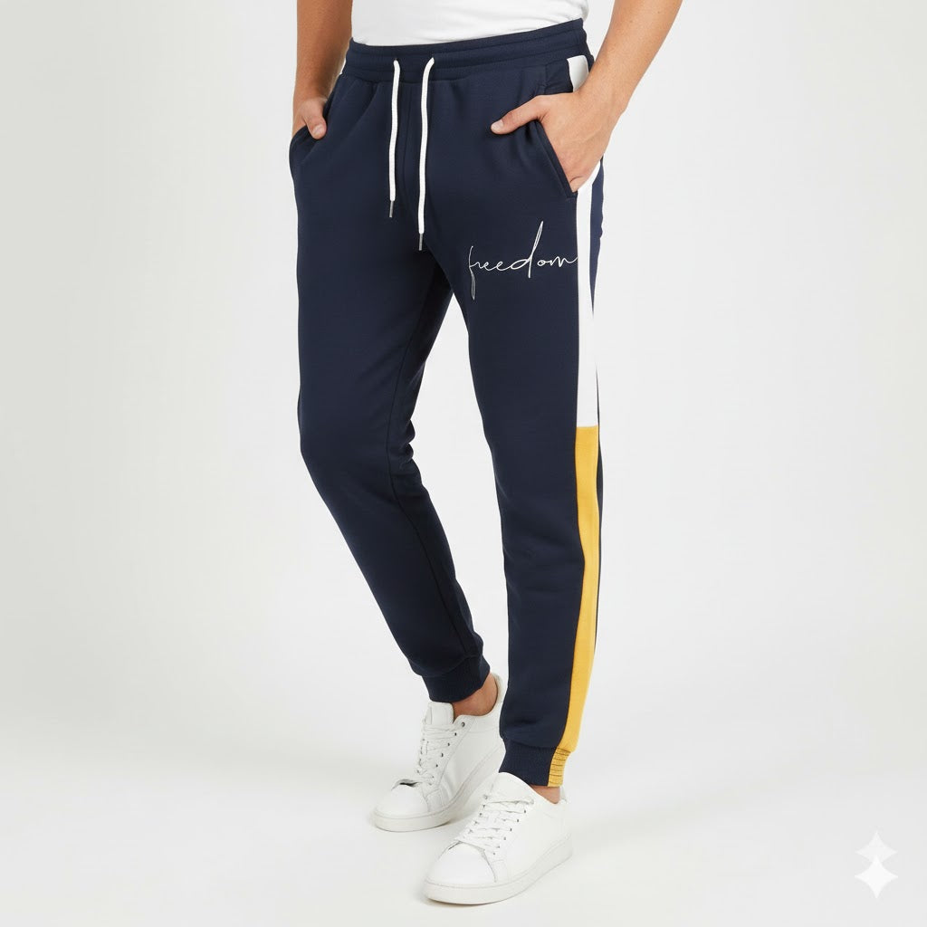 Men's Dri-Fit Performance Trousers – Dark Blue with Yellow & White Side Stripes